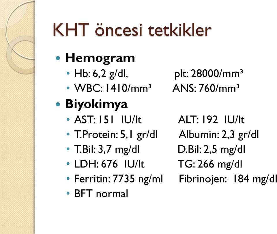 Bil: 3,7 mg/dl LDH: 676 IU/lt Ferritin: 7735 ng/ml BFT normal plt: