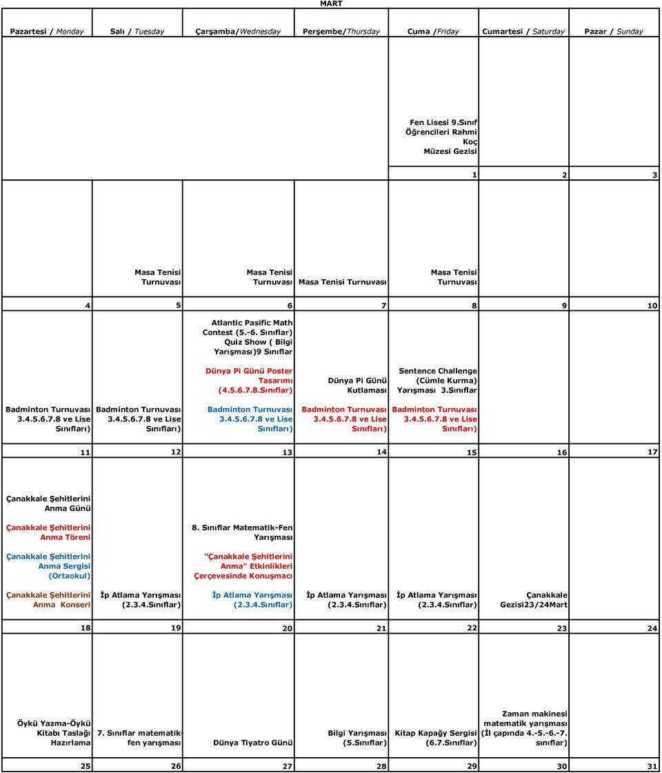 Challenge (Cümle Kurma) 3.Sınıflar Badminton Turnuvası 3.4.5.6.7.8 ve Lise Sınıfları) Badminton Turnuvası 3.4.5.6.7.8 ve Lise Sınıfları) Badminton Turnuvası 3.4.5.6.7.8 ve Lise Sınıfları) Badminton Turnuvası 3.4.5.6.7.8 ve Lise Sınıfları) Badminton Turnuvası 3.4.5.6.7.8 ve Lise Sınıfları) 11 12 13 14 15 16 17 Çanakkale Şehitlerini Anma Günü Çanakkale Şehitlerini Anma Töreni 8.