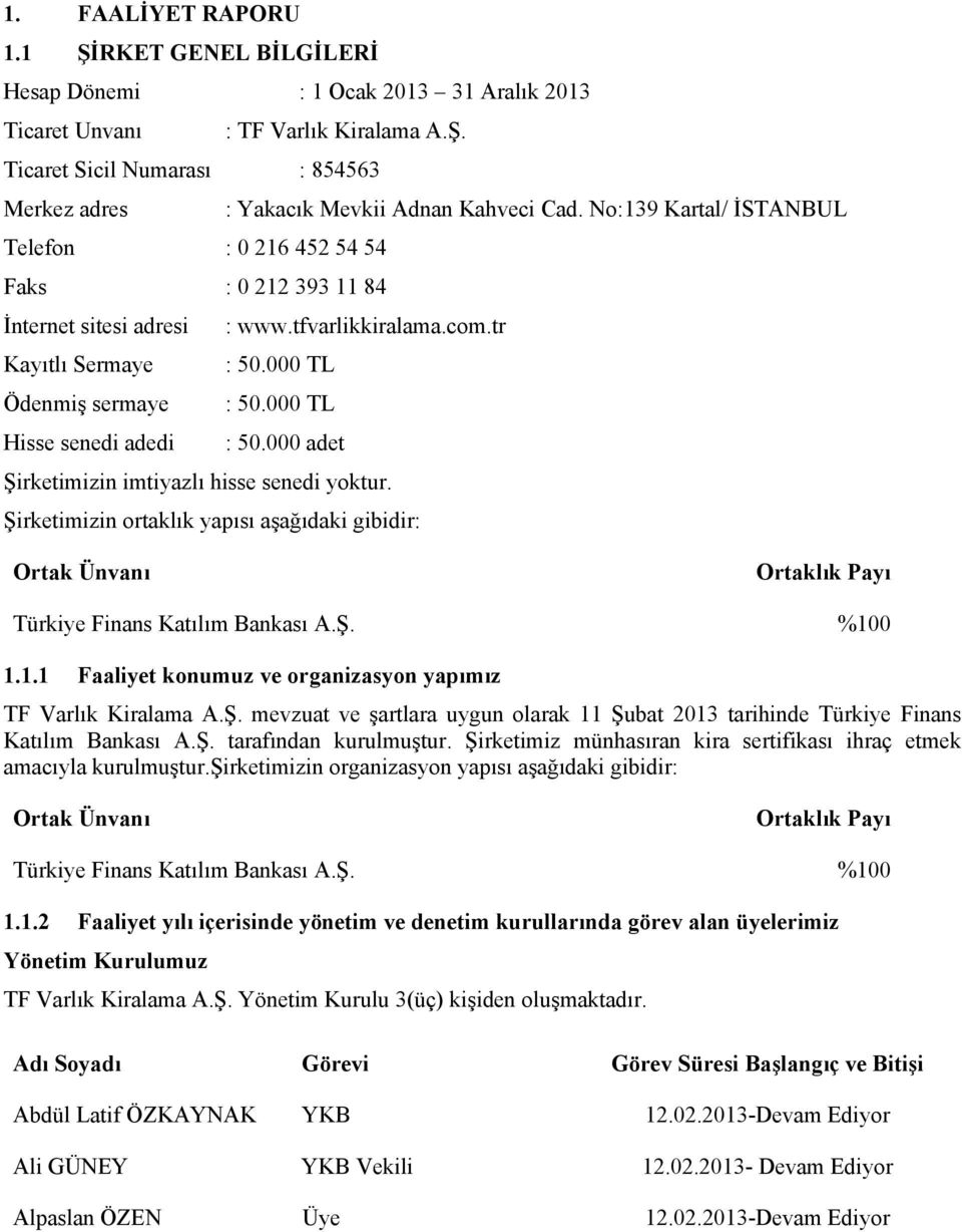 000 TL Hisse senedi adedi : 50.000 adet Şirketimizin imtiyazlı hisse senedi yoktur. Şirketimizin ortaklık yapısı aşağıdaki gibidir: Ortak Ünvanı Ortaklık Payı Türkiye Finans Katılım Bankası A.Ş. %100 1.