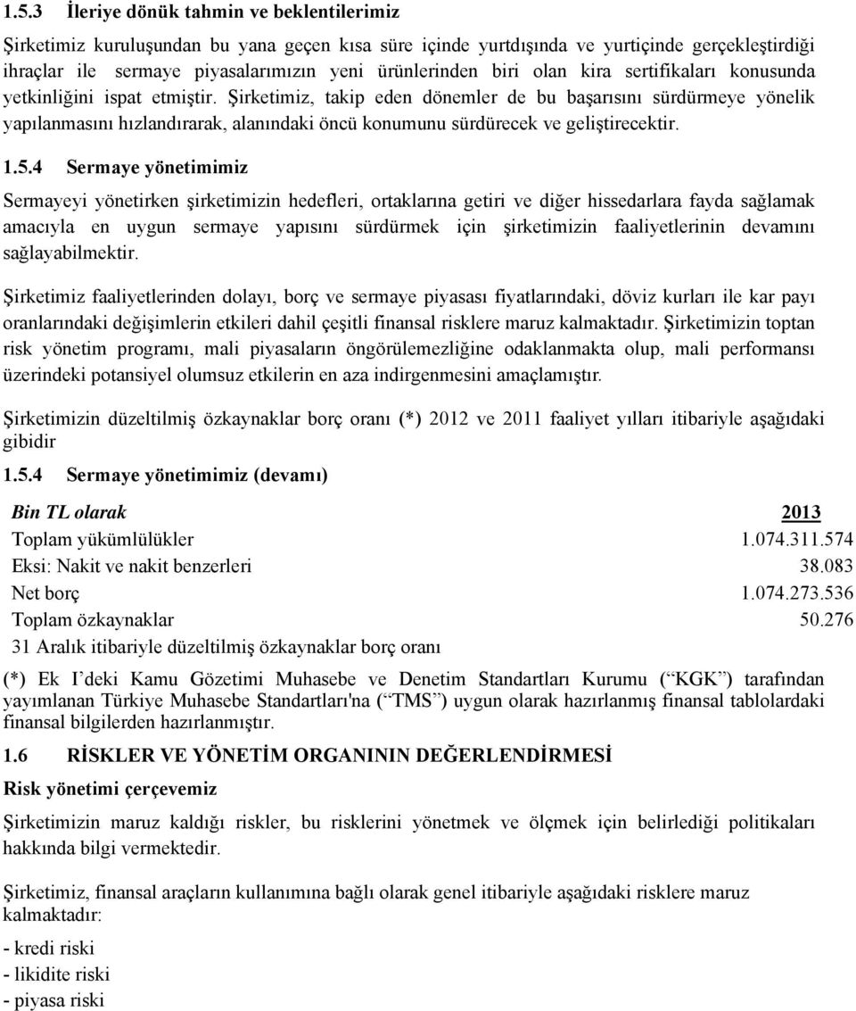 Şirketimiz, takip eden dönemler de bu başarısını sürdürmeye yönelik yapılanmasını hızlandırarak, alanındaki öncü konumunu sürdürecek ve geliştirecektir. 1.5.