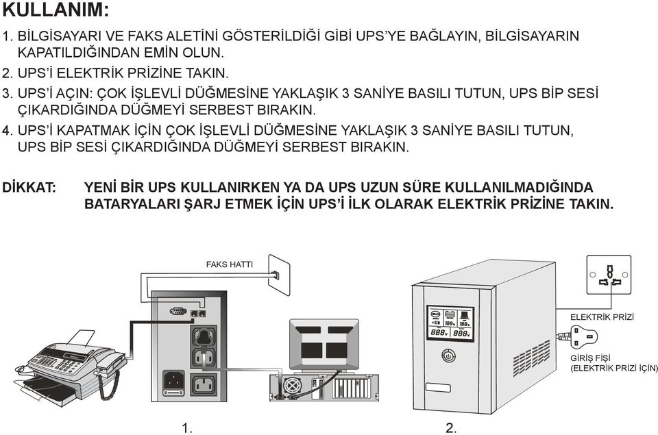 UPS İ KAPATMAK İÇİN ÇOK İŞLEVLİ DÜĞMESİNE YAKLAŞIK 3 SANİYE BASILI TUTUN, UPS BİP SESİ ÇIKARDIĞINDA DÜĞMEYİ SERBEST BIRAKIN.