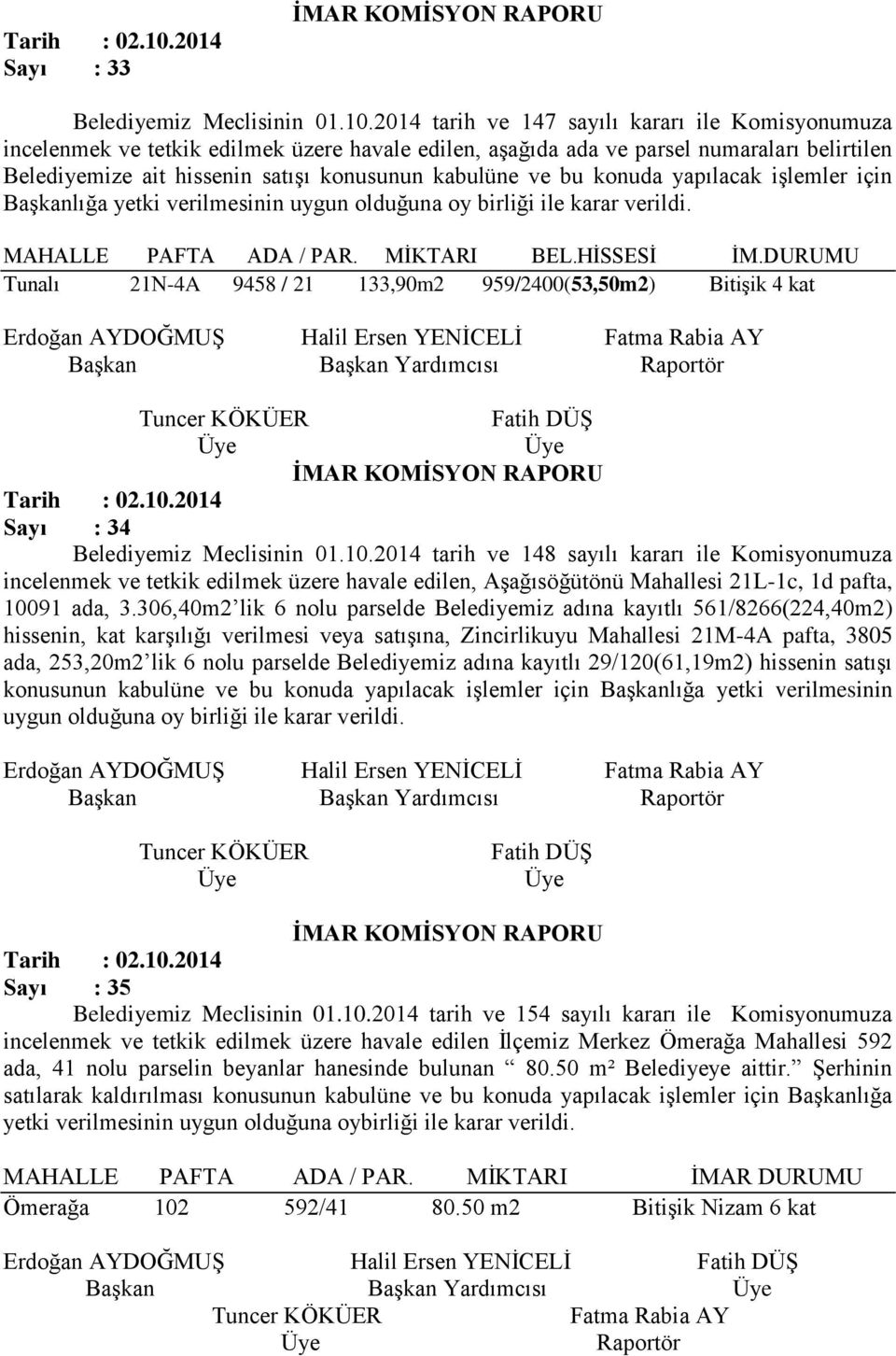 2014 tarih ve 147 sayılı kararı ile Komisyonumuza incelenmek ve tetkik edilmek üzere havale edilen, aşağıda ada ve parsel numaraları belirtilen Belediyemize ait hissenin satışı konusunun kabulüne ve