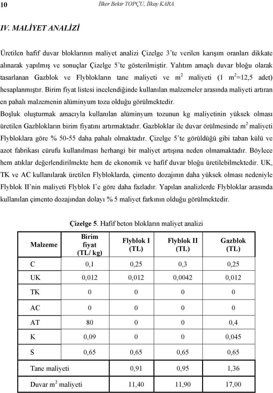 Yalıtım amaçlı duvar bloğu olarak tasarlanan Gazblok ve Flyblokların tane maliyeti ve m 2 maliyeti (1 m 2 =12,5 adet) hesaplanmıştır.