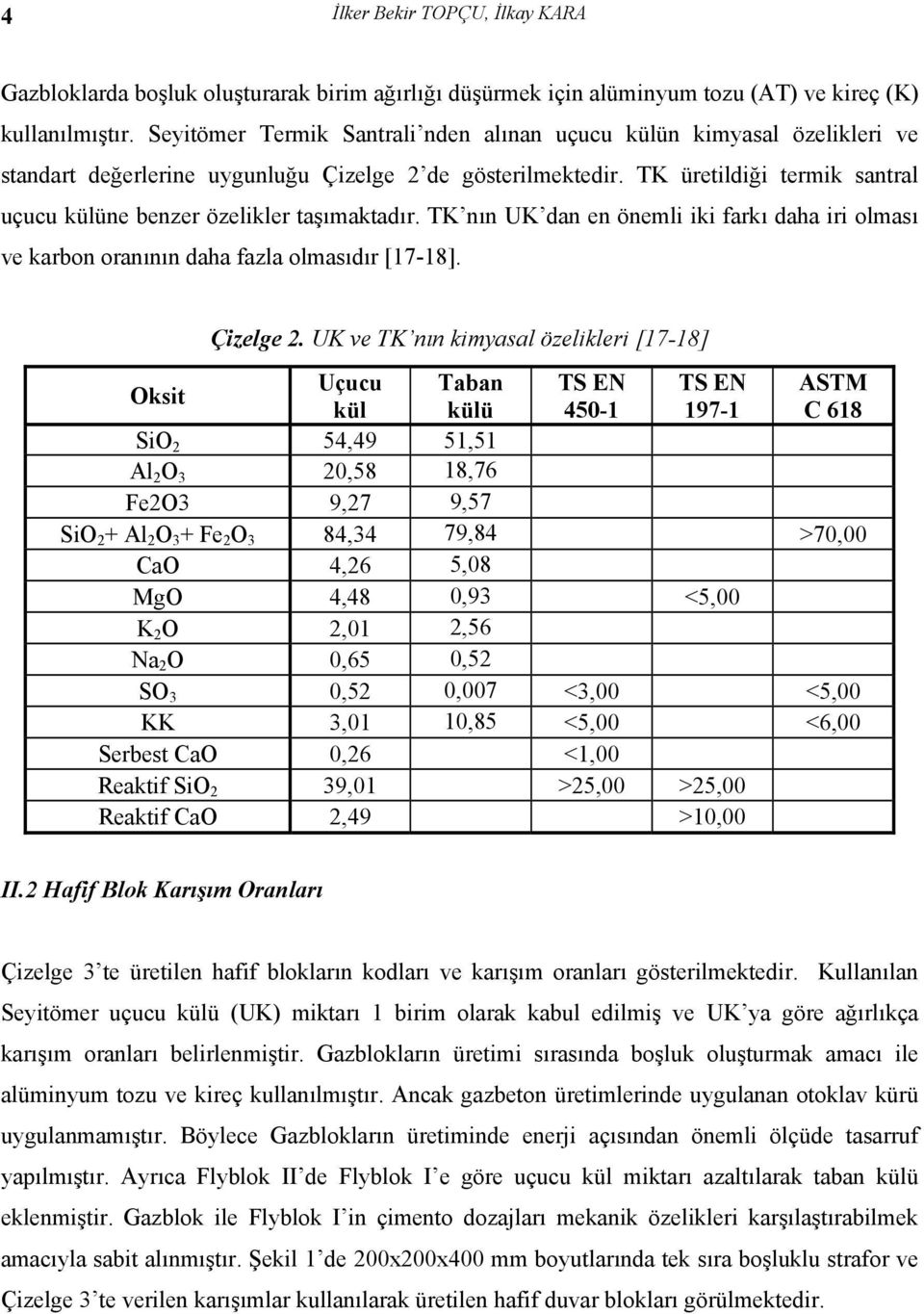 TK üretildiği termik santral uçucu külüne benzer özelikler taşımaktadır. TK nın UK dan en önemli iki farkı daha iri olması ve karbon oranının daha fazla olmasıdır [17-18]. Çizelge 2.