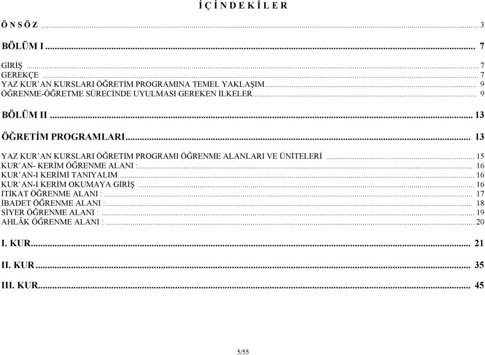 .. 13 YAZ KUR AN KURSLARI ÖĞRETİM PROGRAMI ÖĞRENME ALANLARI VE ÜNİTELERİ... 15 KUR AN- KERİM ÖĞRENME ALANI :... 16 KUR AN-I KERİMİ TANIYALIM.