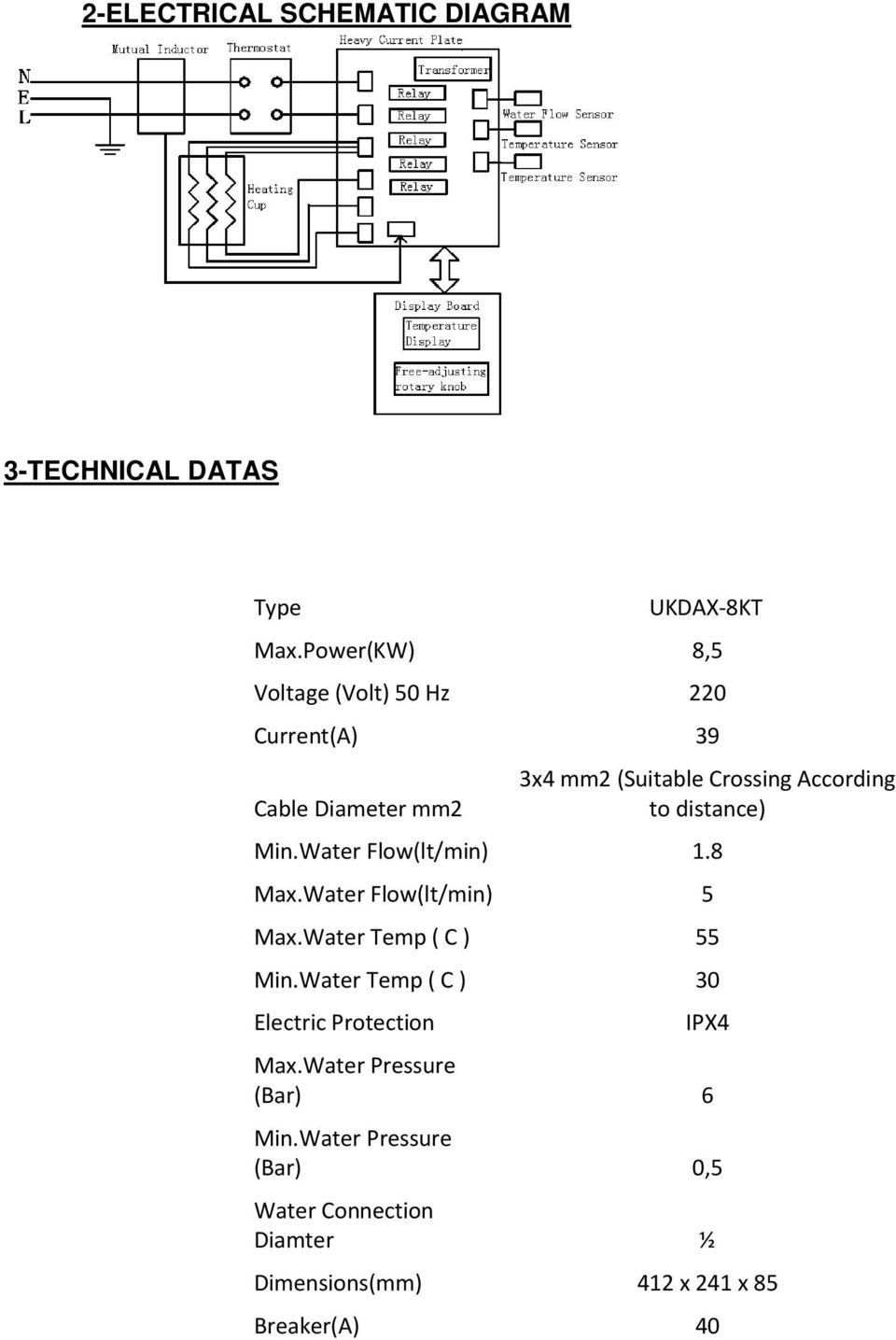 to distance) Min.Water Flow(lt/min) 1.8 Max.Water Flow(lt/min) 5 Max.Water Temp ( C ) 55 Min.