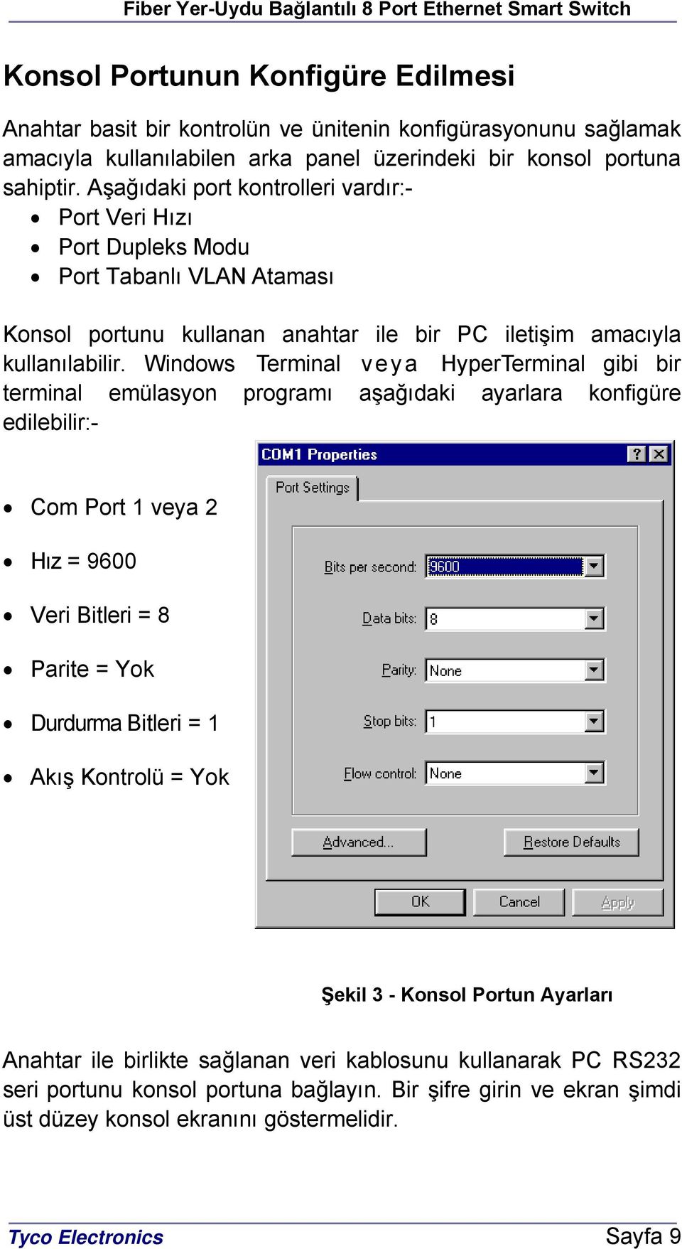 Windows Terminal veya HyperTerminal gibi bir terminal emülasyon programı aşağıdaki ayarlara konfigüre edilebilir:- Com Port 1 veya 2 Hız = 9600 Veri Bitleri = 8 Parite = Yok Durdurma Bitleri = 1