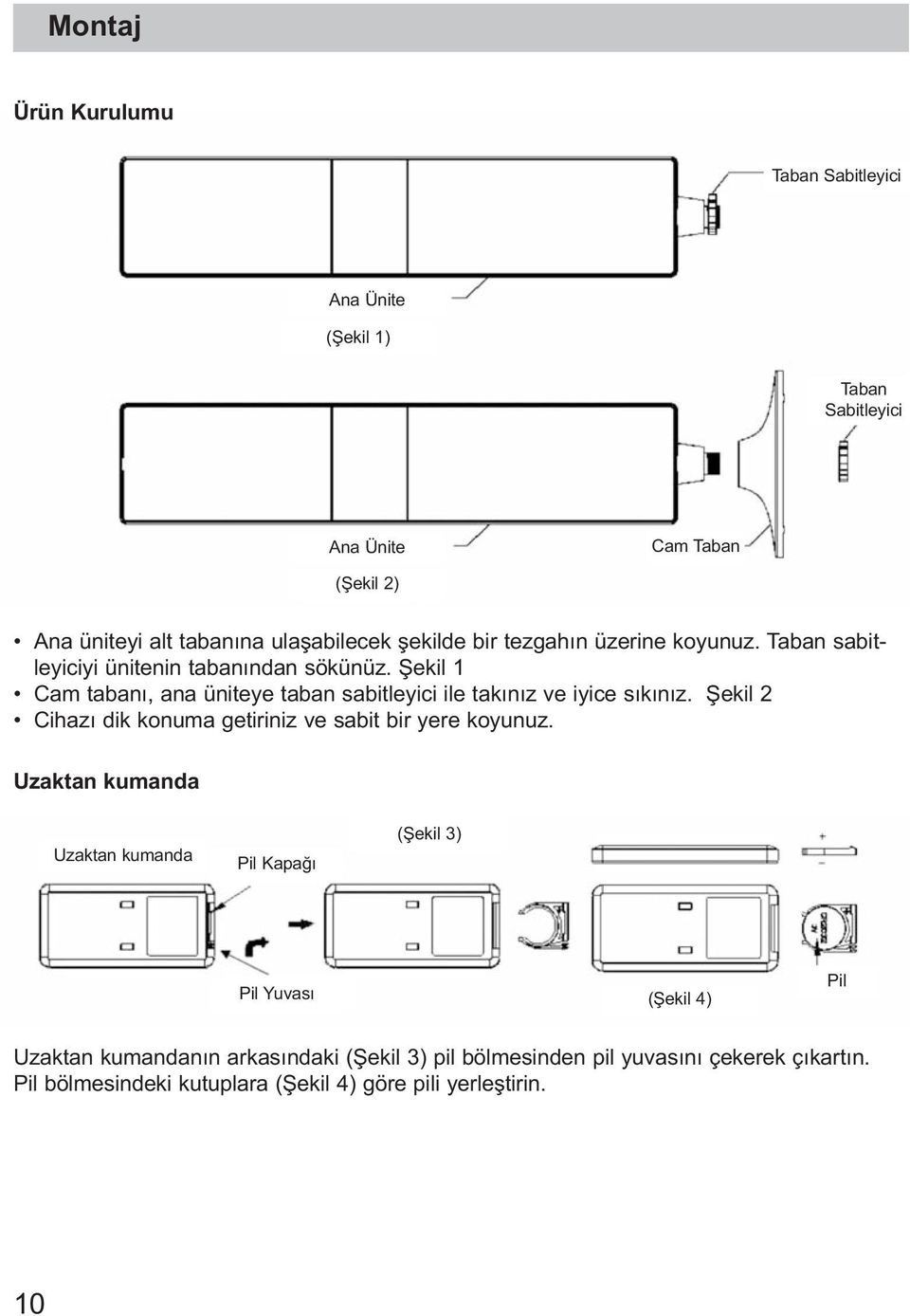 Şekil 1 Cam tabanı, ana üniteye taban sabitleyici ile takınız ve iyice sıkınız. Şekil 2 Cihazı dik konuma getiriniz ve sabit bir yere koyunuz.