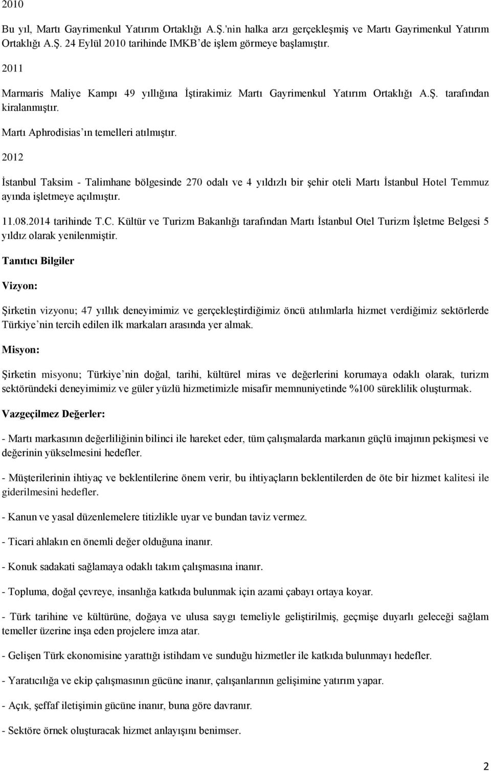 2012 İstanbul Taksim - Talimhane bölgesinde 270 odalı ve 4 yıldızlı bir şehir oteli Martı İstanbul Hotel Temmuz ayında işletmeye açılmıştır. 11.08.2014 tarihinde T.C.