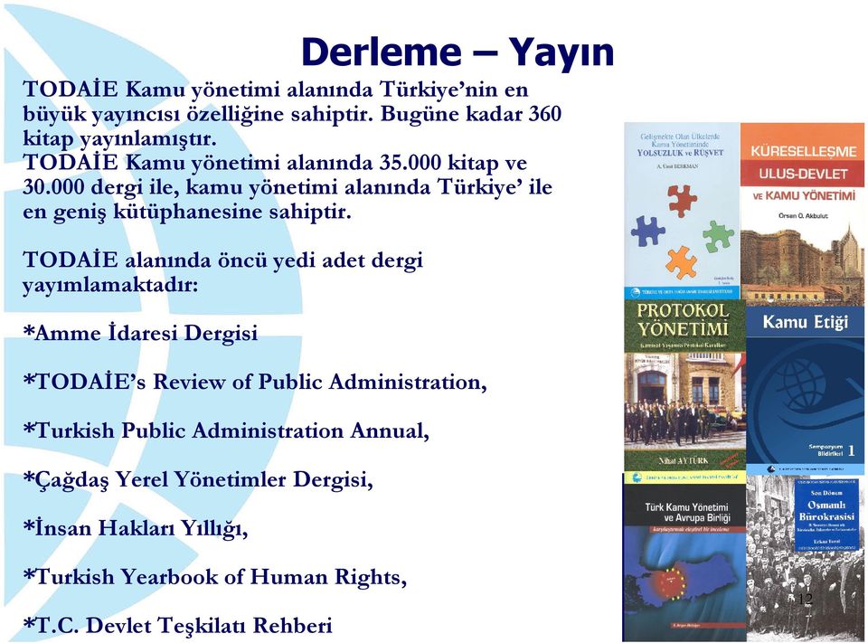 TODAİE alanında öncü yedi adet dergi yayımlamaktadır: *Amme İdaresi Dergisi *TODAİE s Review of Public Administration, *Turkish Public