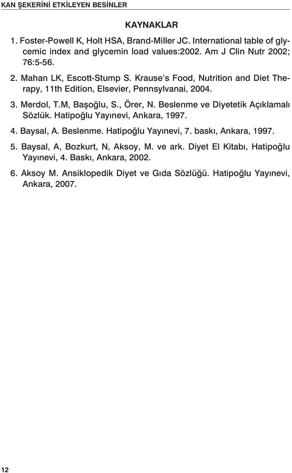 M, Başoğlu, S., Örer, N. Beslenme ve Diyetetik Açıklamalı Sözlük. Hatipoğlu Yayınevi, Ankara, 1997. 4. Baysal, A. Beslenme. Hatipoğlu Yayınevi, 7. baskı, Ankara, 1997.