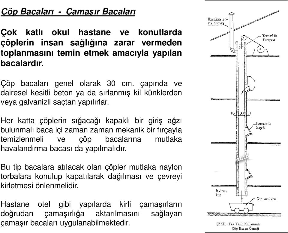 Her katta çöplerin sığacağı kapaklı bir giriş ağzı bulunmalı baca içi zaman zaman mekanik bir fırçayla temizlenmeli ve çöp bacalarına mutlaka havalandırma bacası da yapılmalıdır.