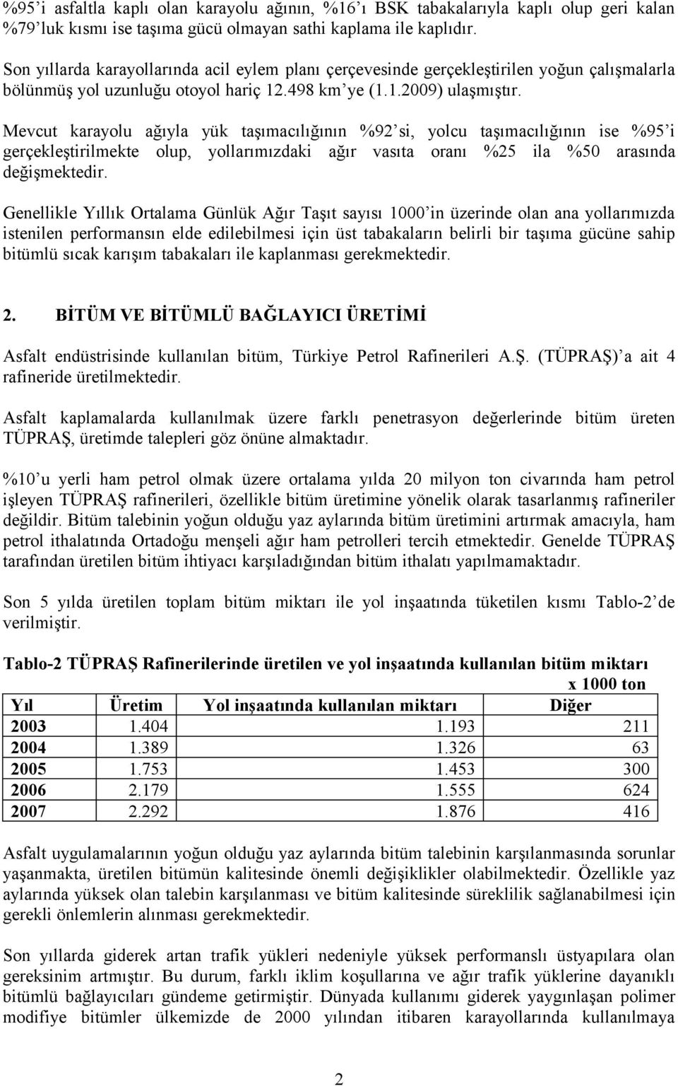 Mevcut karayolu ağıyla yük taşımacılığının %92 si, yolcu taşımacılığının ise %95 i gerçekleştirilmekte olup, yollarımızdaki ağır vasıta oranı %25 ila %50 arasında değişmektedir.