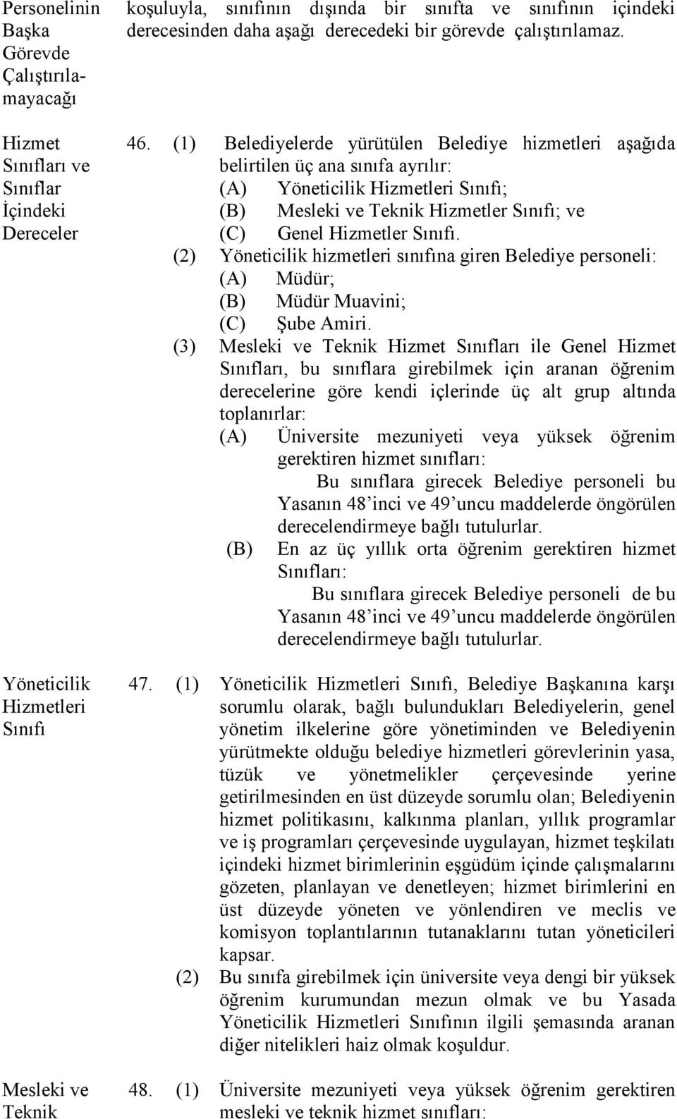 Genel Hizmetler Sınıfı. (2) Yöneticilik hizmetleri sınıfına giren Belediye personeli: (A) Müdür; (B) Müdür Muavini; (C) Şube Amiri.