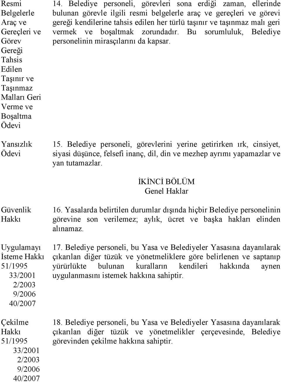 vermek ve boşaltmak zorundadır. Bu sorumluluk, Belediye personelinin mirasçılarını da kapsar. 15.