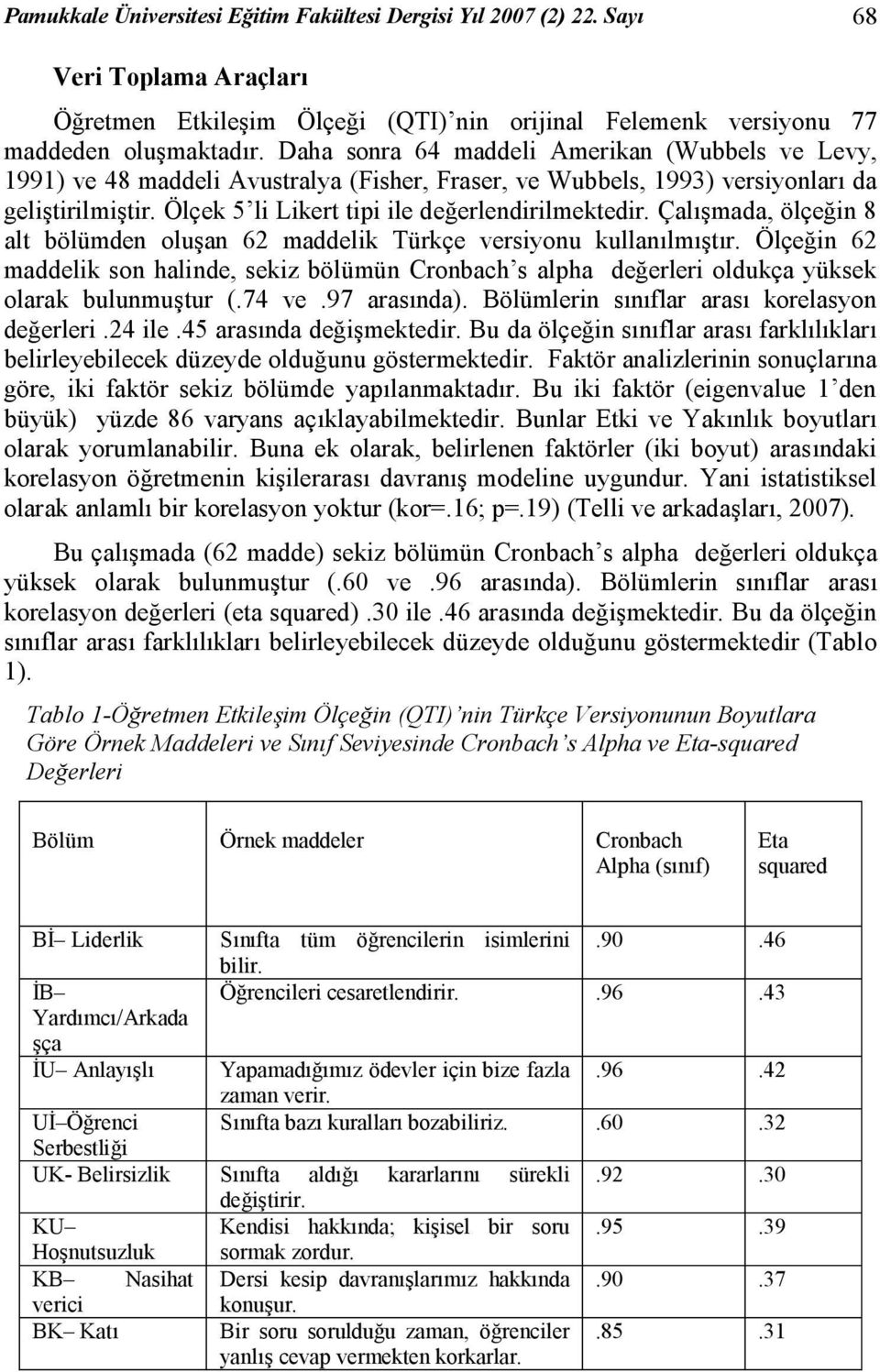 Çalışmada, ölçeğin 8 alt bölümden oluşan 62 maddelik Türkçe versiyonu kullanılmıştır. Ölçeğin 62 maddelik son halinde, sekiz bölümün Cronbach s alpha değerleri oldukça yüksek olarak bulunmuştur (.