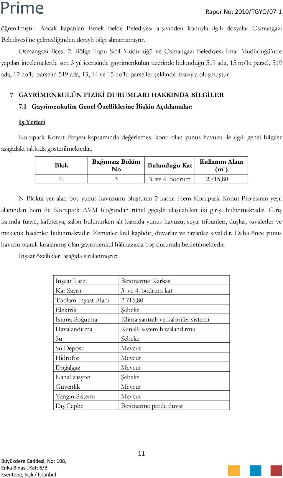 519 ada, 13, 14 ve 15 no lu parseller şeklinde ifrazıyla oluşmuştur. 7 GAYRİMENKULÜN FİZİKİ DURUMLARI HAKKINDA BİLGİLER 7.