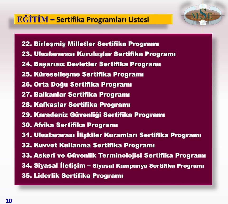 Kafkaslar Sertifika Programı 29. Karadeniz Güvenliği Sertifika Programı 30. Afrika Sertifika Programı 31.