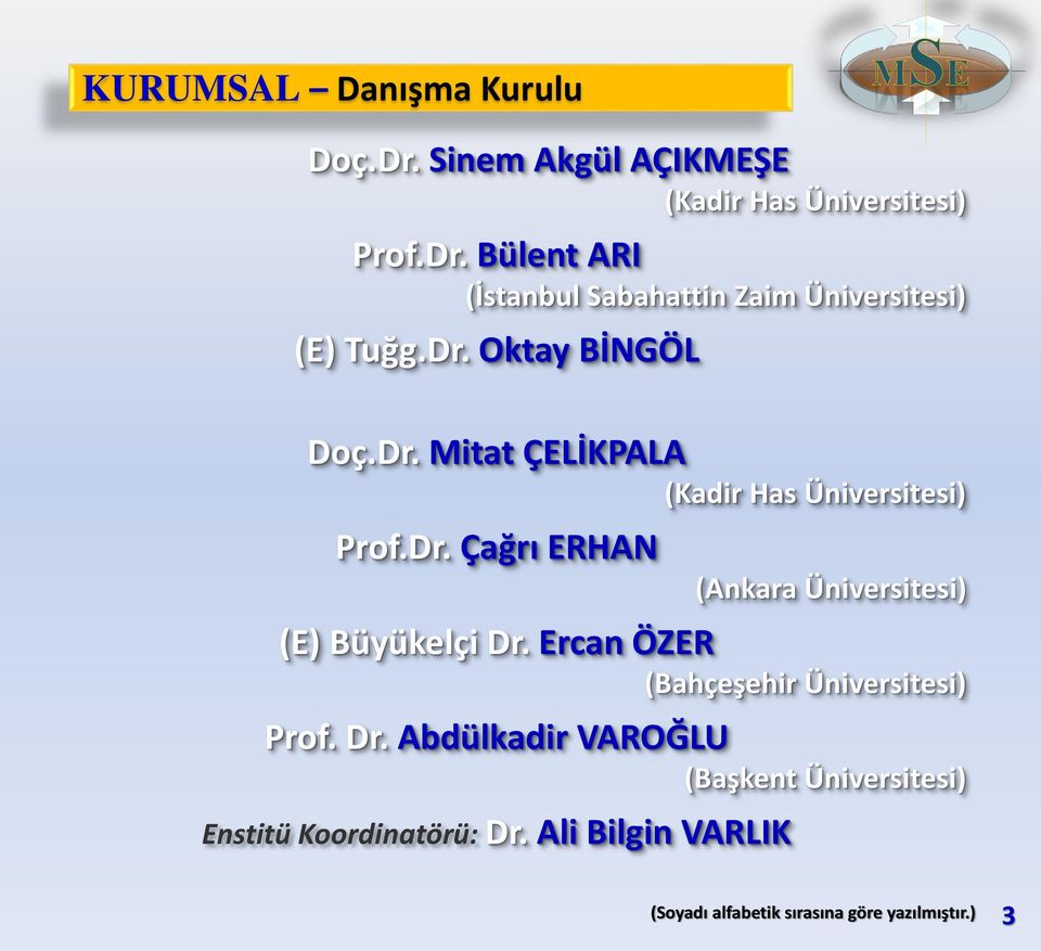 Ercan ÖZER (Bahçeşehir Üniversitesi) Prof. Dr. Abdülkadir VAROĞLU (Başkent Üniversitesi) Enstitü Koordinatörü: Dr.