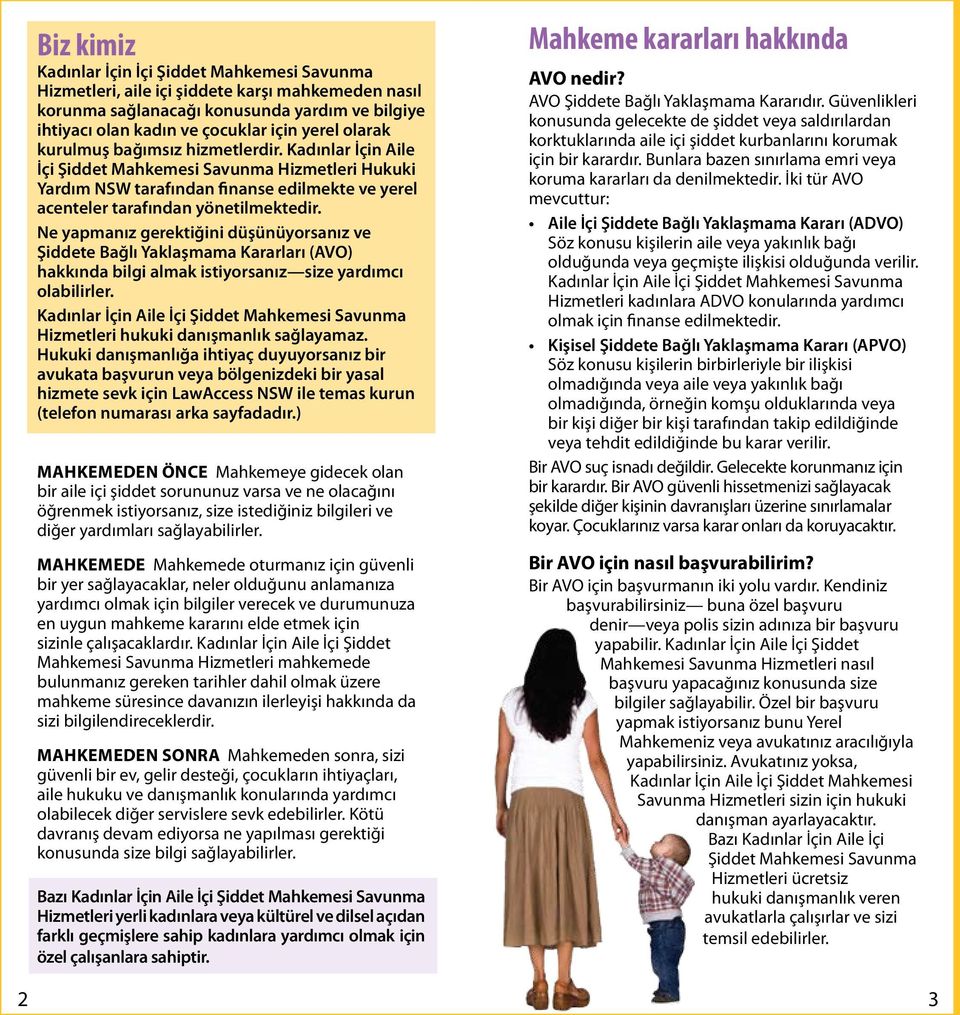 Ne yapmanız gerektiğini düşünüyorsanız ve Şiddete Bağlı Yaklaşmama Kararları (AVO) hakkında bilgi almak istiyorsanız size yardımcı olabilirler. Hizmetleri hukuki danışmanlık sağlayamaz.