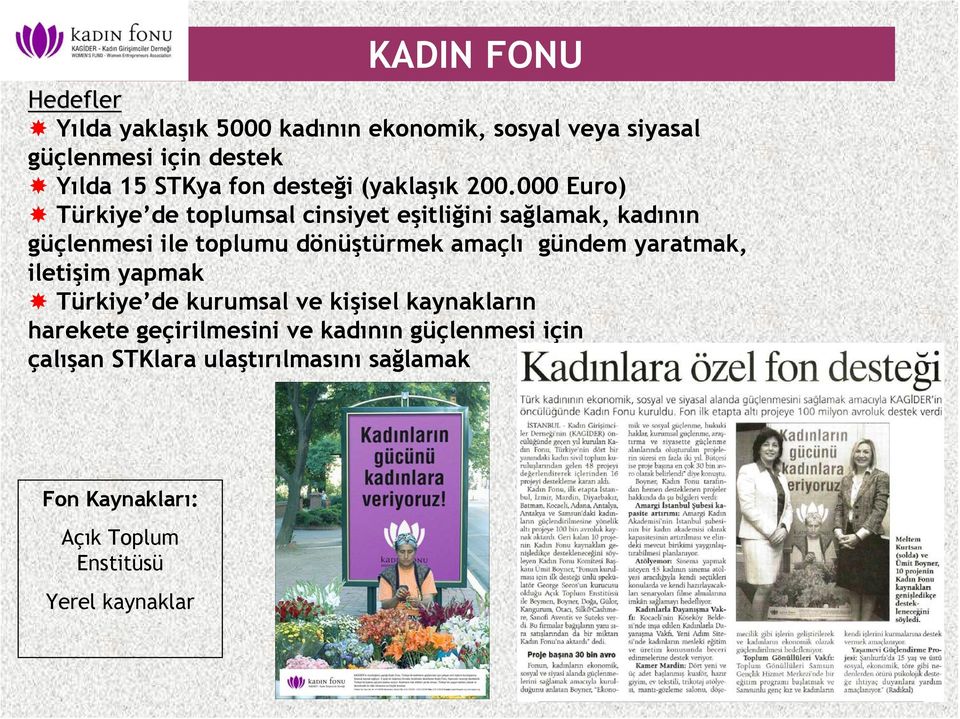 000 Euro) Türkiye de toplumsal cinsiyet eşitliğini sağlamak, kadının güçlenmesi ile toplumu dönüştürmek amaçlı gündem