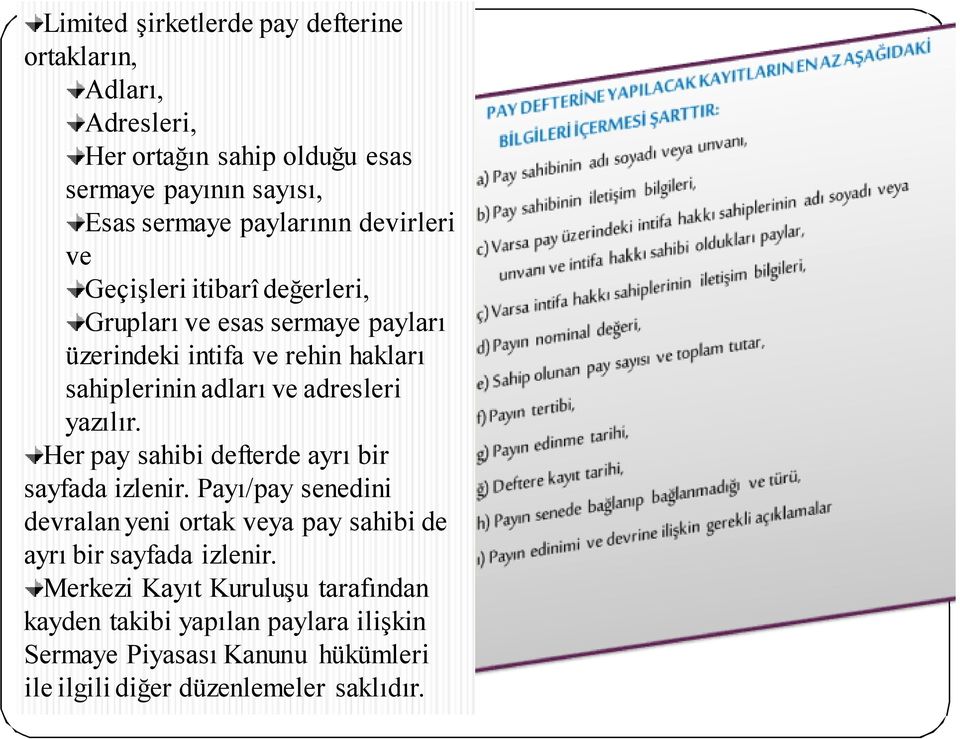 yazılır. Her pay sahibi defterde ayrı bir sayfada izlenir. Payı/pay senedini devralan yeni ortak veya pay sahibi de ayrı bir sayfada izlenir.