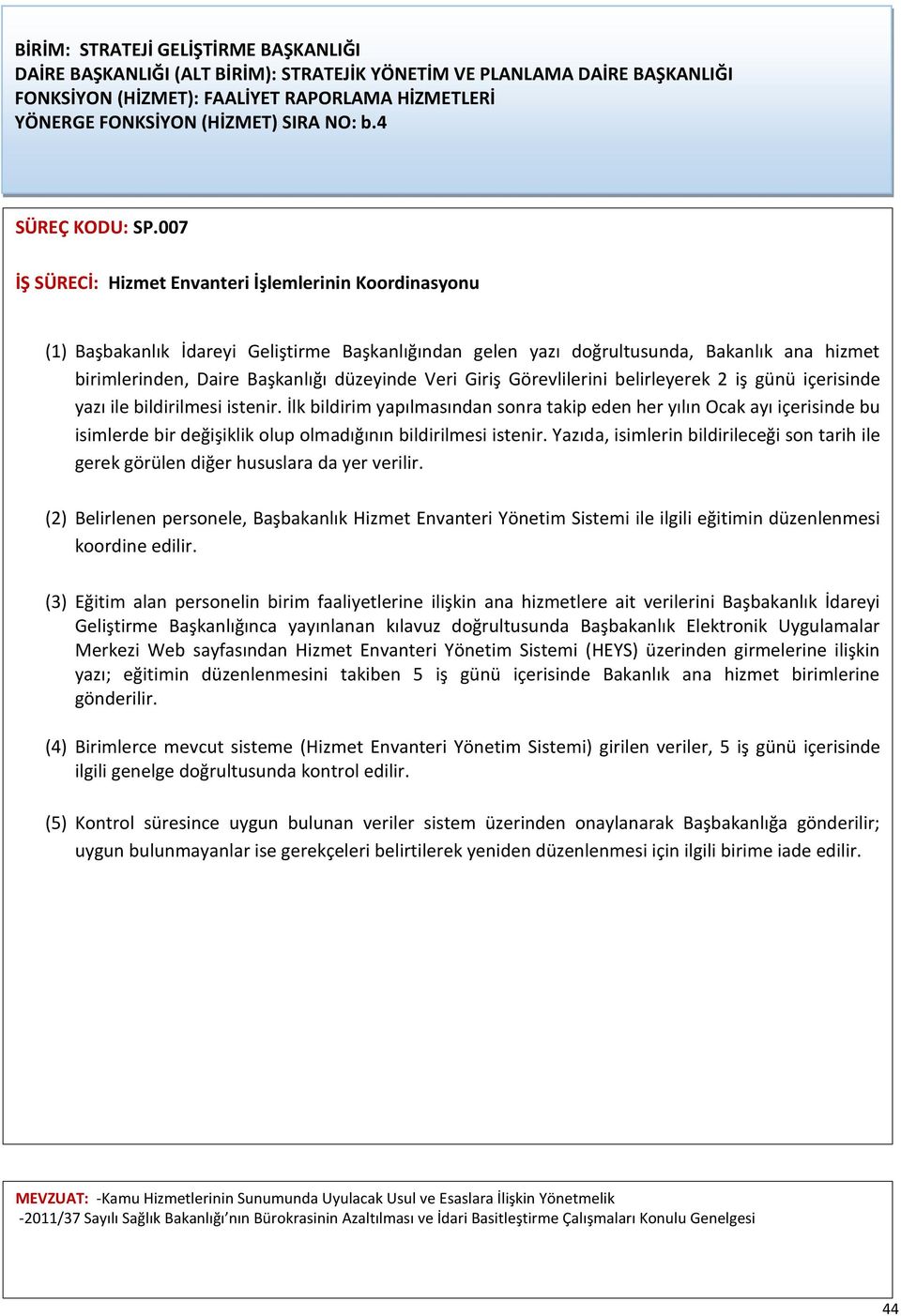 007 İŞ SÜRECİ: Hizmet Envanteri İşlemlerinin Koordinasyonu (1) Başbakanlık İdareyi Geliştirme Başkanlığından gelen yazı doğrultusunda, Bakanlık ana hizmet birimlerinden, Daire Başkanlığı düzeyinde