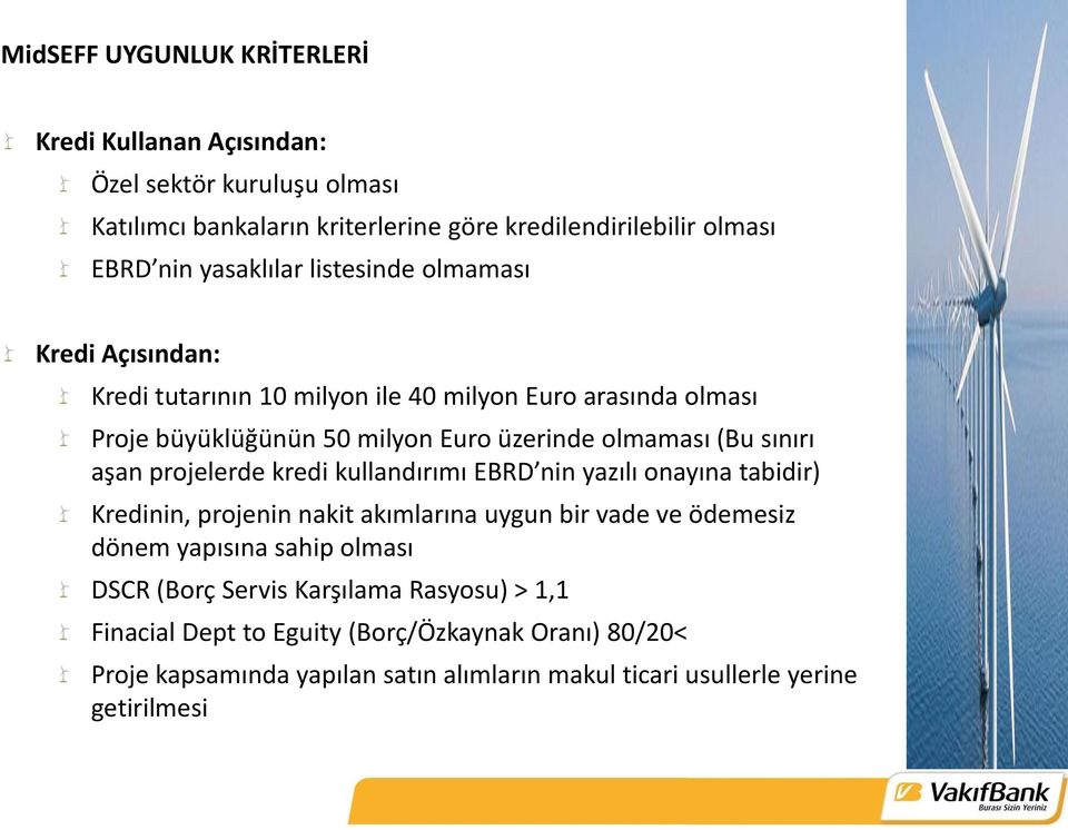 sınırı aşan projelerde kredi kullandırımı EBRD nin yazılı onayına tabidir) Kredinin, projenin nakit akımlarına uygun bir vade ve ödemesiz dönem yapısına sahip olması