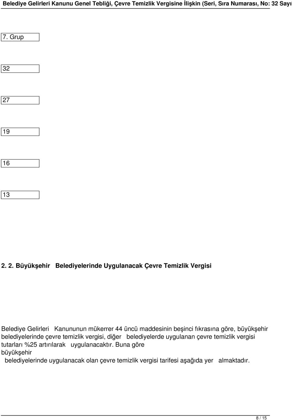 2. Büyükşehir Belediyelerinde Uygulanacak Çevre Temizlik Vergisi Belediye Gelirleri Kanununun mükerrer 44