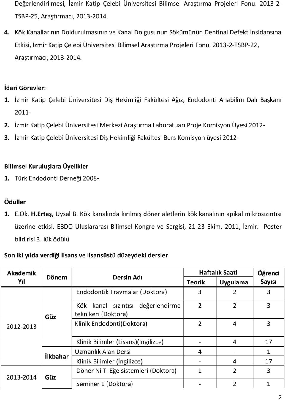 2013-2014. İdari Görevler: 1. İzmir Katip Çelebi Üniversitesi Diş Hekimliği Fakültesi Ağız, Endodonti Anabilim Dalı Başkanı 2011-2.