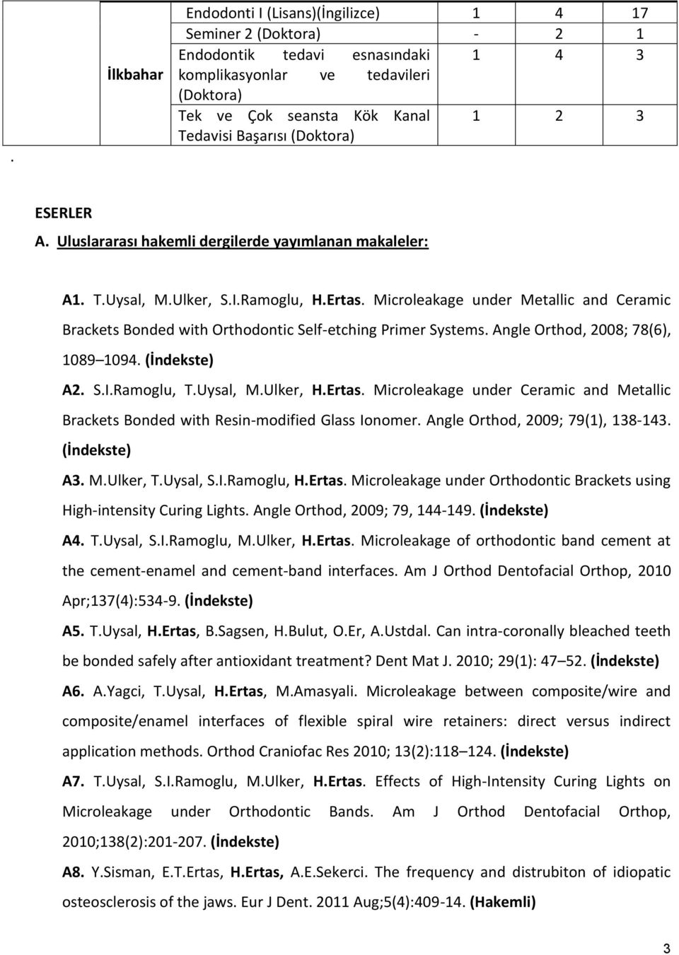 Microleakage under Metallic and Ceramic Brackets Bonded with Orthodontic Self-etching Primer Systems. Angle Orthod, 2008; 78(6), 1089 1094. (İndekste) A2. S.I.Ramoglu, T.Uysal, M.Ulker, H.Ertas.