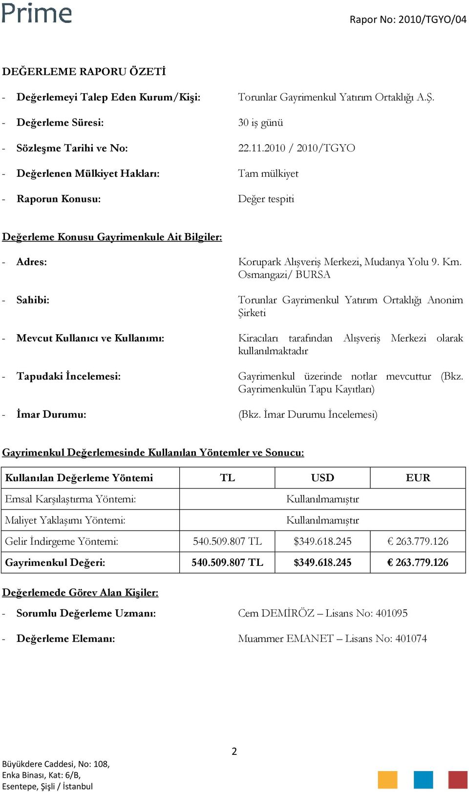 Osmangazi/ BURSA - Sahibi: Torunlar Gayrimenkul Yatırım Ortaklığı Anonim Şirketi - Mevcut Kullanıcı ve Kullanımı: Kiracıları tarafından Alışveriş Merkezi olarak kullanılmaktadır - Tapudaki