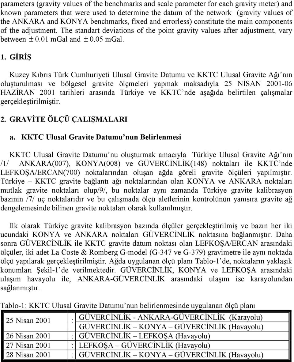 1. GİRİŞ Kuzey Kõbrõs Türk Cumhuriyeti Ulusal Gravite Datumu ve KKTC Ulusal Gravite Ağõ nõn oluşturulmasõ ve bölgesel gravite ölçmeleri yapmak maksadõyla 25 NİSAN 2001-06 HAZİRAN 2001 tarihleri