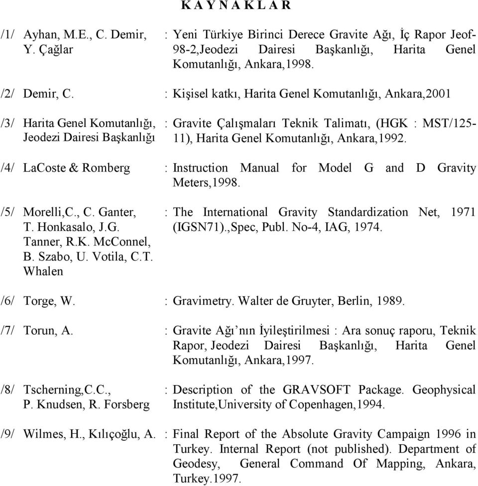 Ankara,1992. /4/ LaCoste & Romberg : Instruction Manual for Model G and D Gravity Meters,1998. /5/ Morelli,C., C. Ganter, T. Honkasalo, J.G. Tanner, R.K. McConnel, B. Szabo, U. Votila, C.T. Whalen : The International Gravity Standardization Net, 1971 (IGSN71).