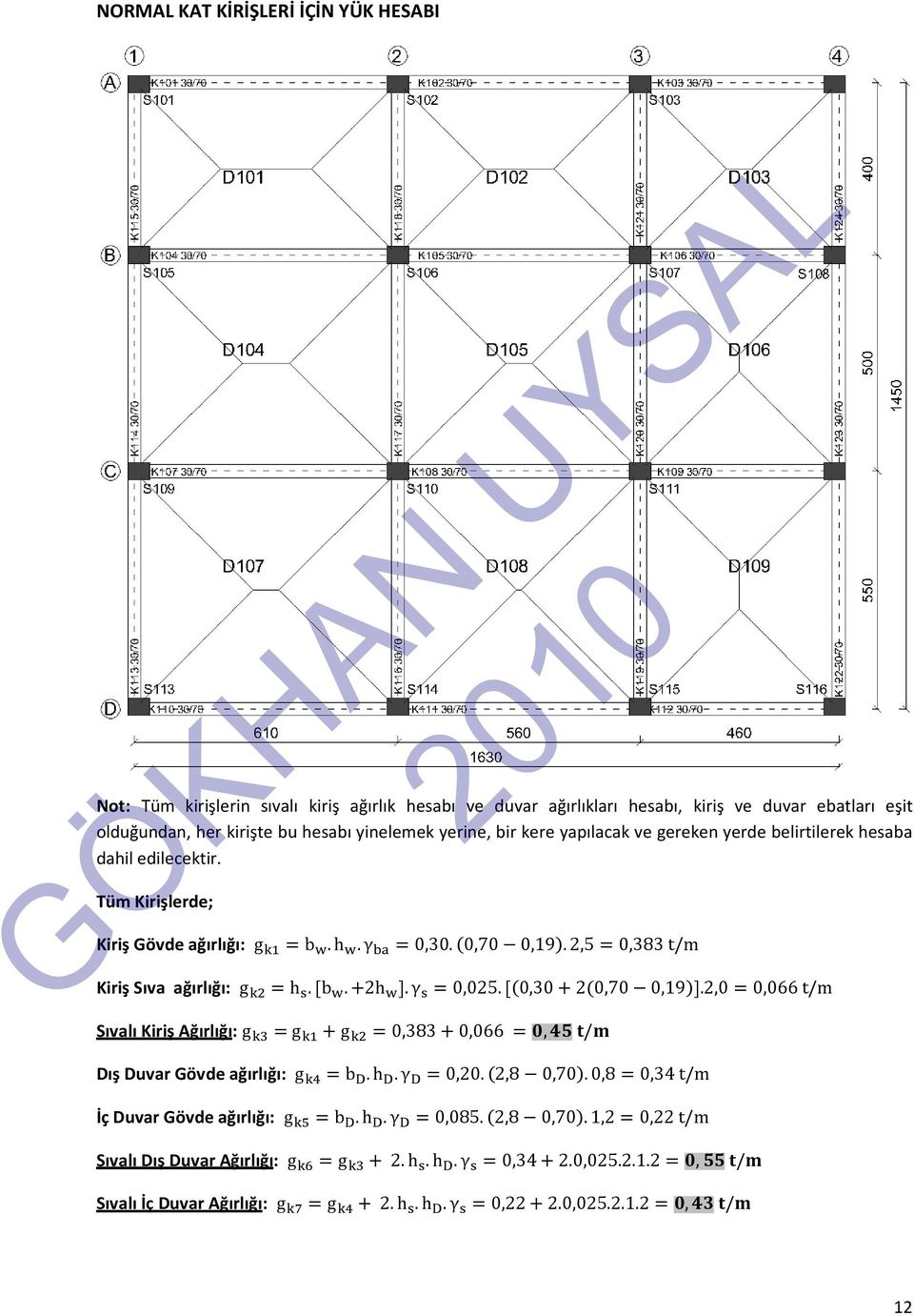 2,5=0,8 Kiriş Sıva ağırlığı: =h.[b.+2h ].γ =0,025.[(0,0+2(0,70 0,19)].2,0=0,066 Sıvalı Kiriş Ağırlığı: = + =0,8+0,066 =, / Dış Duvar Gövde ağırlığı: =b D.h D.γ D =0,20.