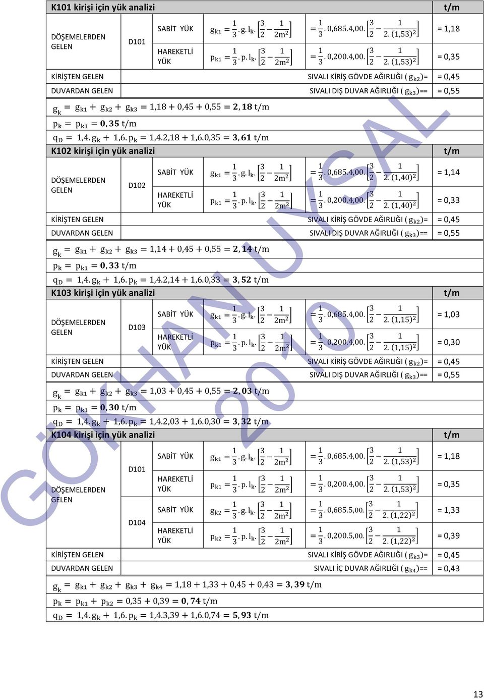 + 1,6.p =1,4.2,18+1,6.0,5=, K102 kirişi için yük analizi D102 SABİT = 1.g.l. 2 1 2m