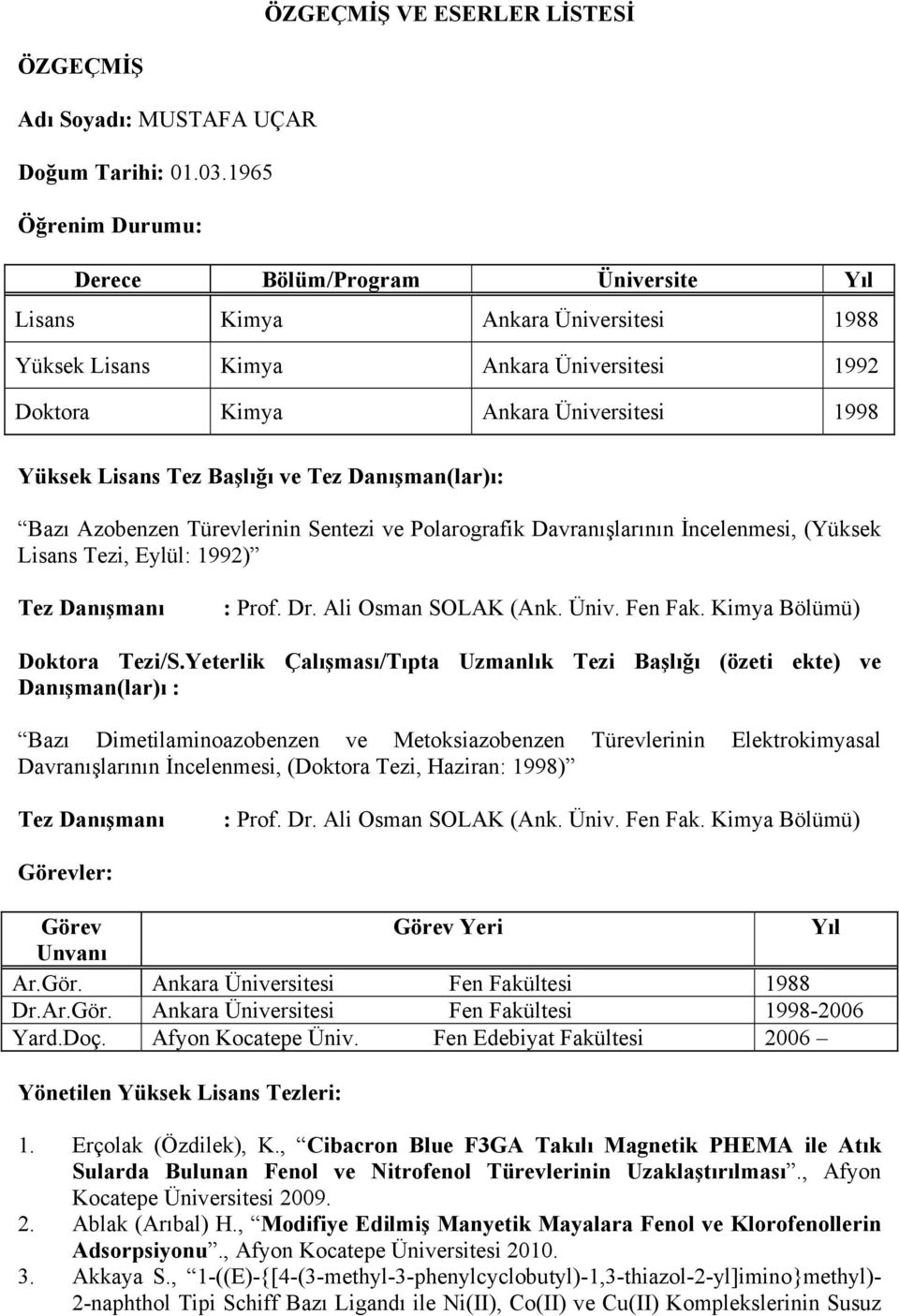 Başlığı ve Tez Danışman(lar)ı: Bazı Azobenzen Türevlerinin Sentezi ve Polarografik Davranışlarının İncelenmesi, (Yüksek Lisans Tezi, Eylül: 1992) Tez Danışmanı : Prof. Dr. Ali Osman SOLAK (Ank. Üniv.