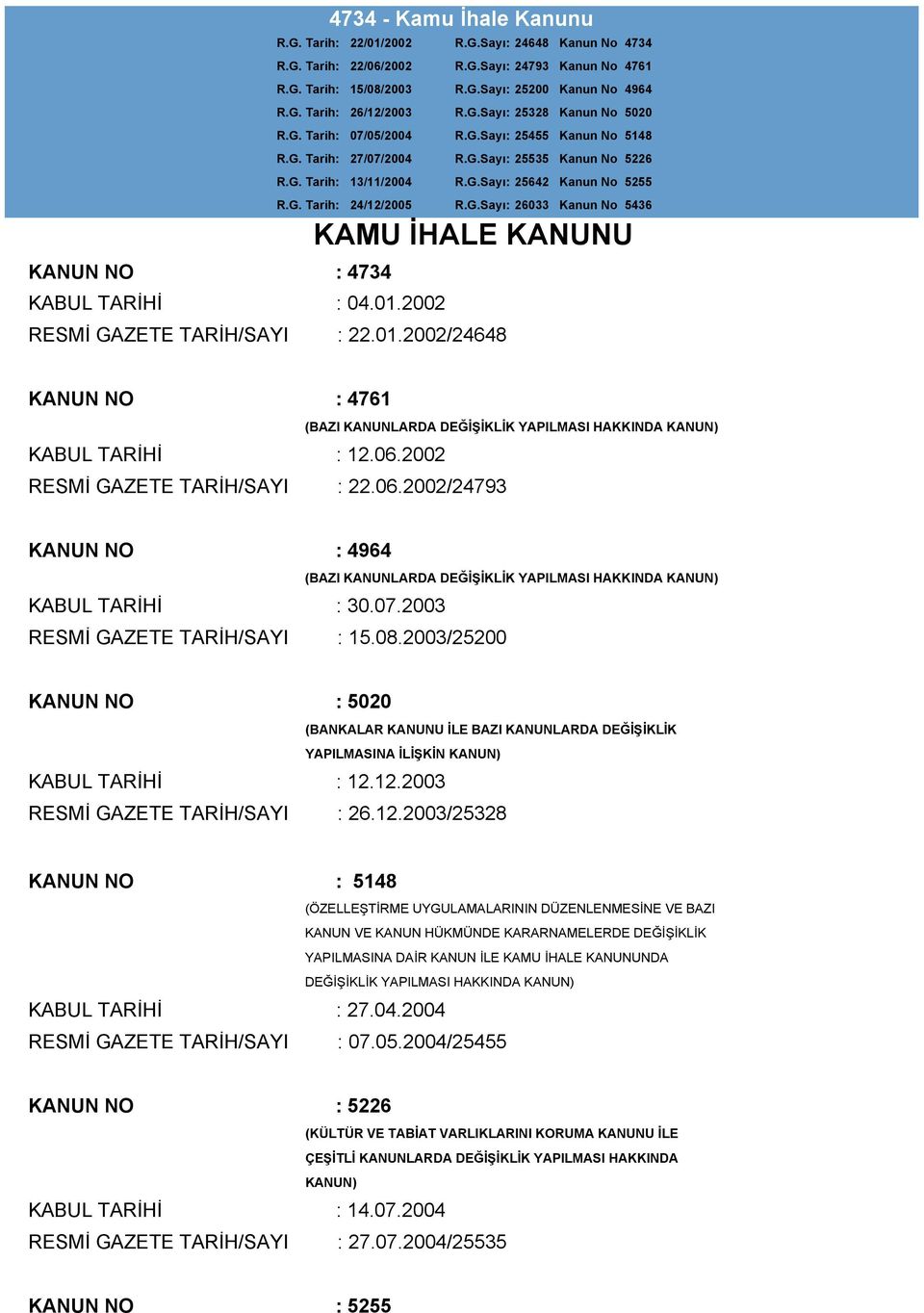 G.Sayı: 26033 Kanun No 5436 KAMU İHALE KANUNU KANUN NO : 4734 KABUL TARİHİ : 04.01.2002 RESMİ GAZETE TARİH/SAYI : 22.01.2002/24648 KANUN NO : 4761 KABUL TARİHİ : 12.06.