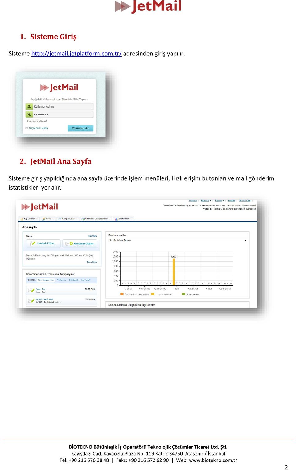 JetMail Ana Sayfa Sisteme giriş yapıldığında ana sayfa
