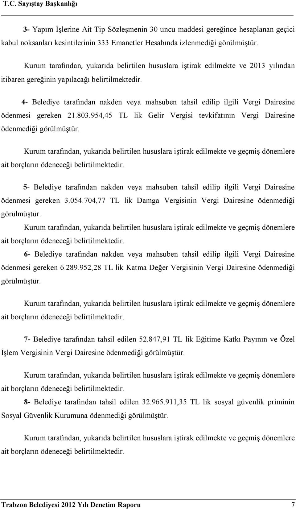 4- Belediye tarafından nakden veya mahsuben tahsil edilip ilgili Vergi Dairesine ödenmesi gereken 21.803.954,45 TL lik Gelir Vergisi tevkifatının Vergi Dairesine ödenmediği görülmüştür.