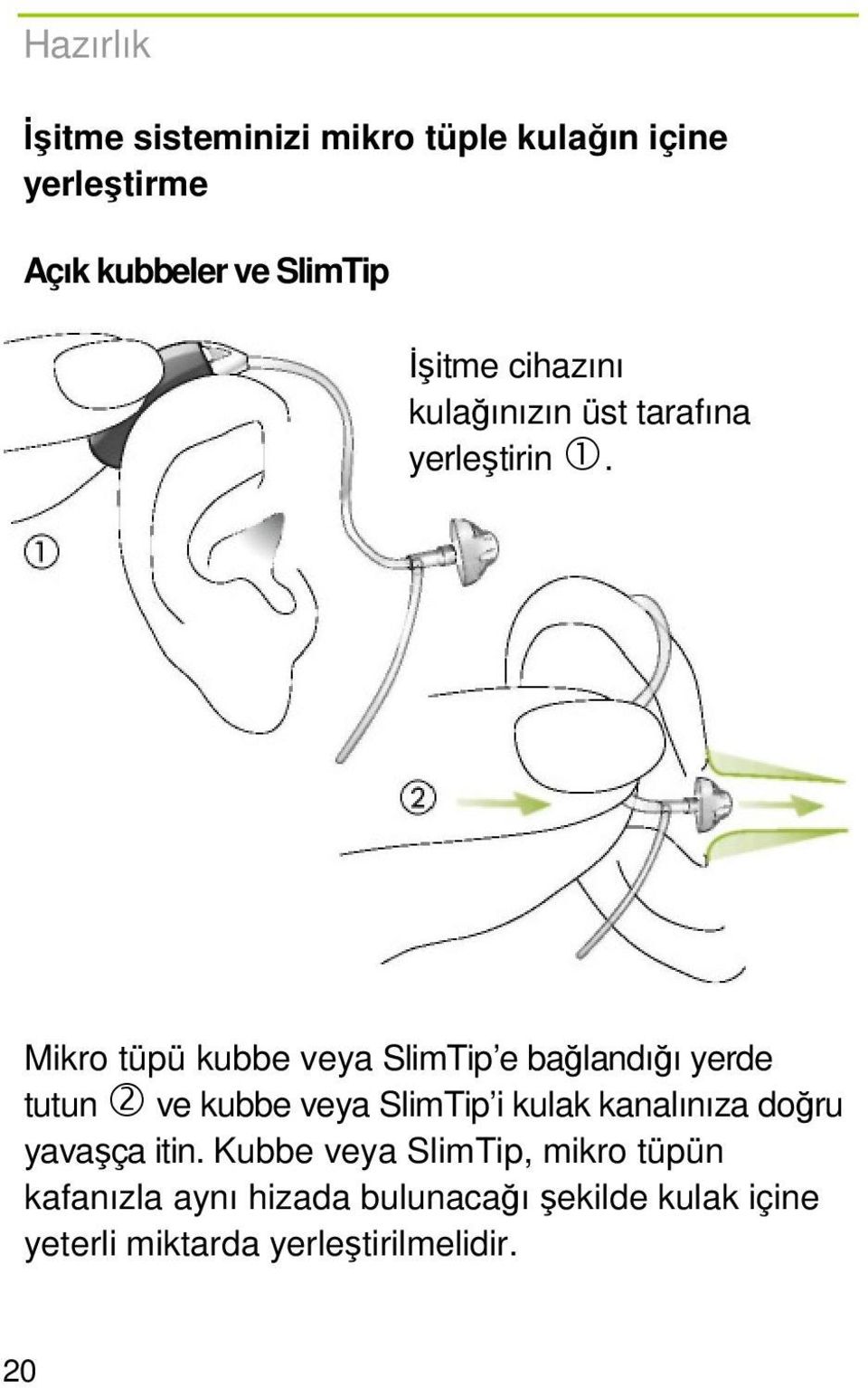 Mikro tüpü kubbe veya SlimTip e bağlandığı yerde tutun 2 ve kubbe veya SlimTip i kulak kanalınıza