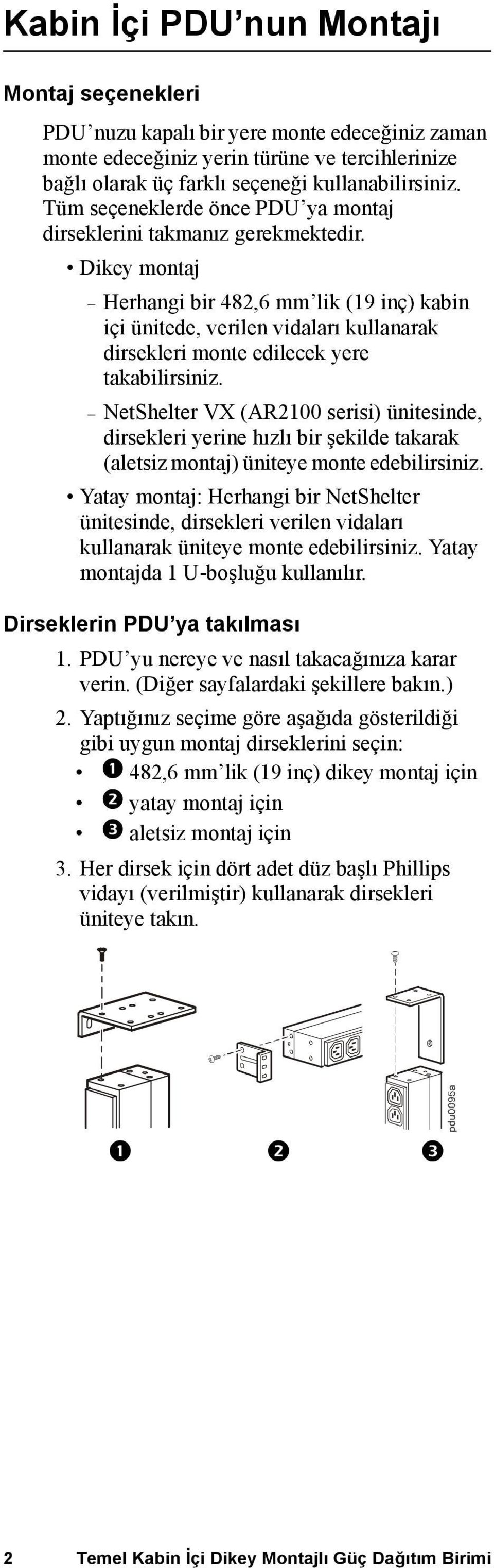 Dikey montaj Herhangi bir 482,6 mm lik (19 inç) kabin içi ünitede, verilen vidaları kullanarak dirsekleri monte edilecek yere takabilirsiniz.