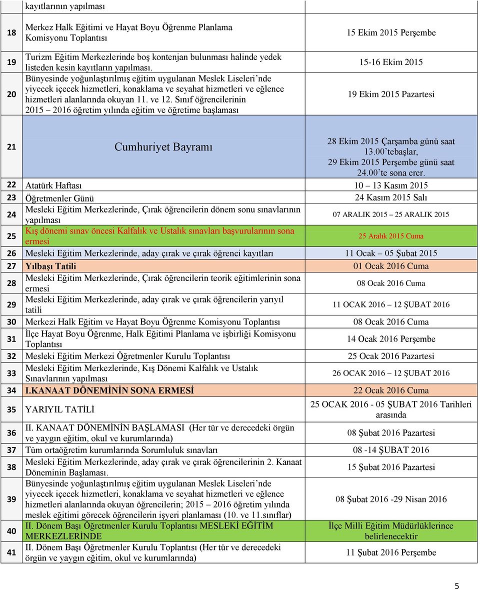 Sınıf öğrencilerinin 2015 2016 öğretim yılında eğitim ve öğretime başlaması 15 Ekim 2015 Perşembe 15-16 Ekim 2015 19 Ekim 2015 Pazartesi 28 Ekim 2015 Çarşamba günü saat 21 Cumhuriyet Bayramı 13.