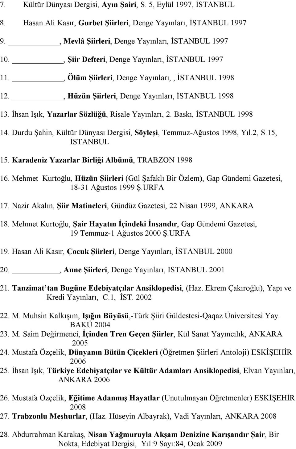 İhsan Işık, Yazarlar Sözlüğü, Risale Yayınları, 2. Baskı, İSTANBUL 1998 14. Durdu Şahin, Kültür Dünyası Dergisi, Söyleşi, Temmuz-Ağustos 1998, Yıl.2, S.15, İSTANBUL 15.