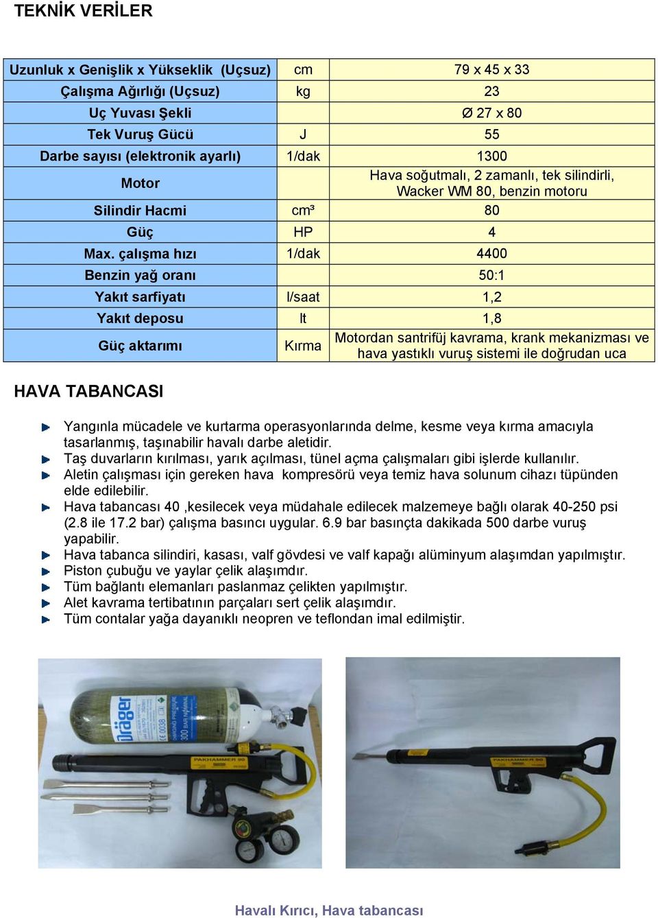 çalışma hızı 1/dak 4400 Benzin yağ oranı 50:1 Yakıt sarfiyatı l/saat 1,2 Yakıt deposu lt 1,8 Güç aktarımı Kırma Motordan santrifüj kavrama, krank mekanizması ve hava yastıklı vuruş sistemi ile