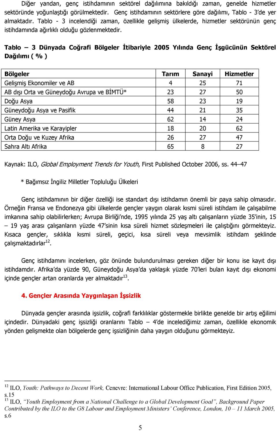 Tablo 3 Dünyada Coğrafi Bölgeler İtibariyle 2005 Yılında Genç İşgücünün Sektörel Dağılımı ( % ) Bölgeler Tarım Sanayi Hizmetler Gelişmiş Ekonomiler ve AB 4 25 71 AB dışı Orta ve Güneydoğu Avrupa ve