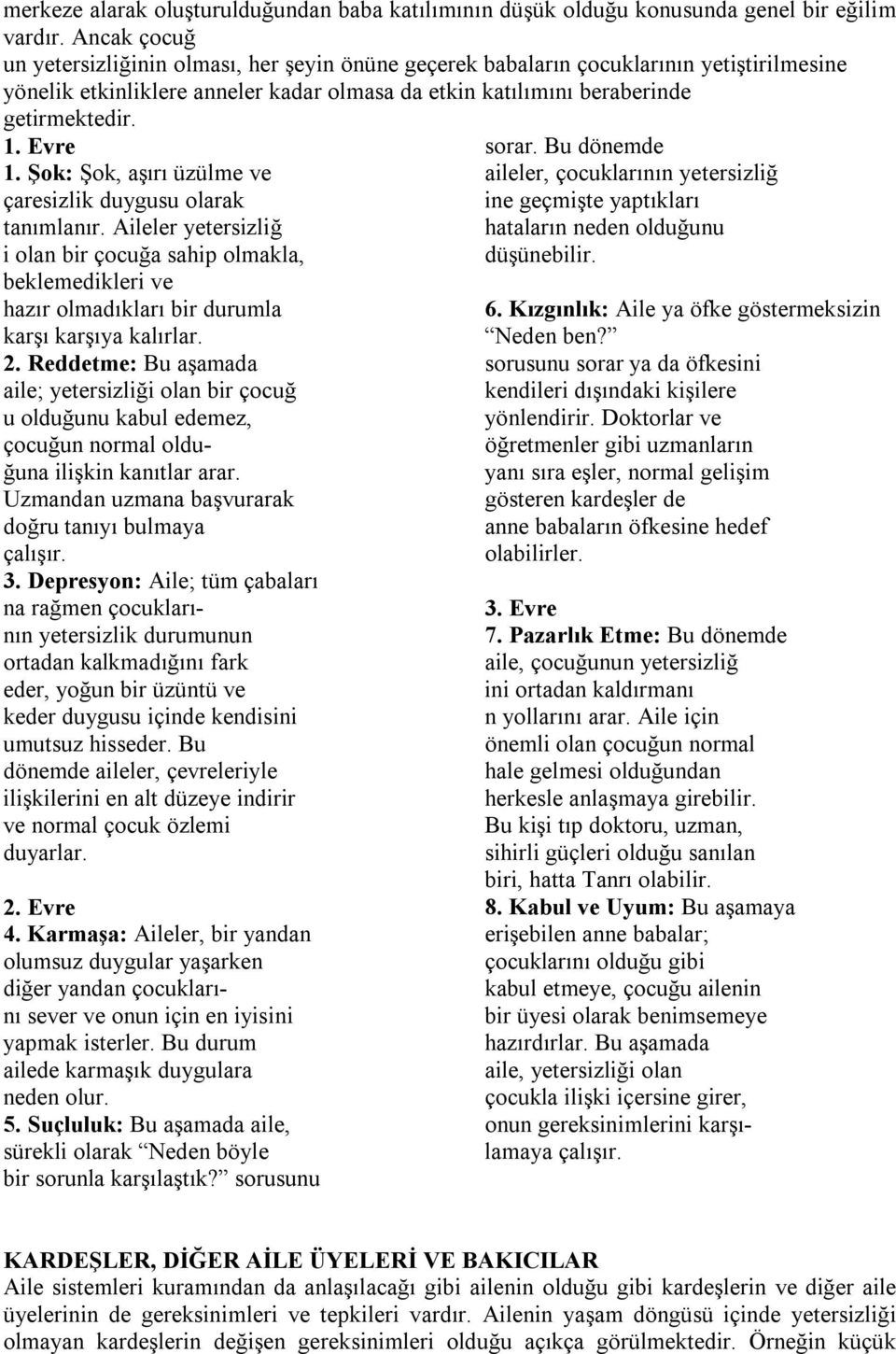 Evre 1. Şok: Şok, aşırı üzülme ve çaresizlik duygusu olarak tanımlanır. Aileler yetersizliğ i olan bir çocuğa sahip olmakla, beklemedikleri ve hazır olmadıkları bir durumla karşı karşıya kalırlar. 2.