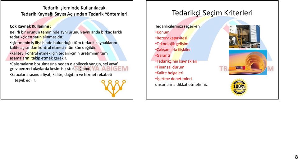 Kaliteyi kontrol etmek için tedarikçinin üretiminin tüm aşamalarını takip etmek gerekir. Çalışmaların bozulmasına neden olabilecek yangın, sel veya' grev benzeri olaylarda kesintisiz stok sağlanır.