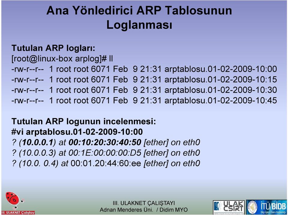01-02-2009-10:30 -rw-r--r-- 1 root root 6071 Feb 9 21:31 arptablosu.01-02-2009-10:45 Tutulan ARP logunun incelenmesi: #vi arptablosu.