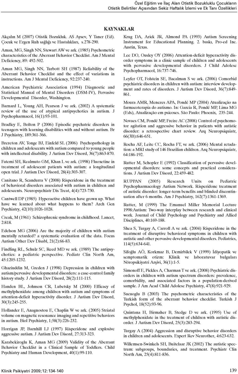 Am J Mental Deficiency, 89: 492-502. Aman MG, Singh NN, Turbott SH (1987) Reliability of the Aberrant Behavior Checklist and the effect of variations in instructions.